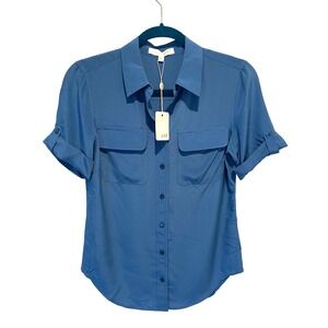 a.M Bede Blouse Womens XS Dark Blue 100% Silk Short Sleeve Button Up Utility Top